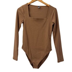 Old Navy Women’s Ribbed Square Neck Bodysuit Brown Long Sleeve, Size Medium